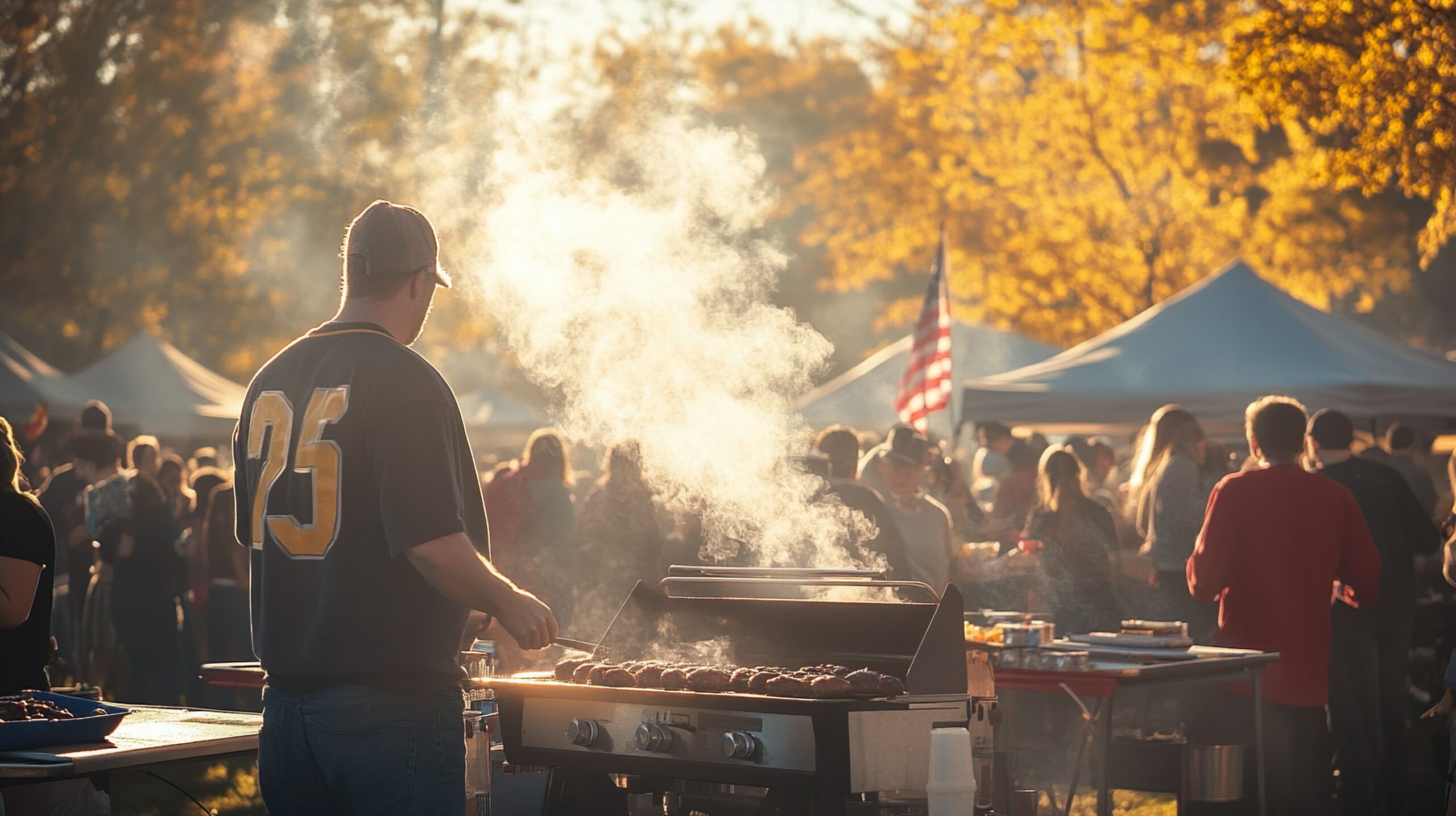 Outdoor tailgate party with barbecue and vibrant crowd. Barbecuing before game