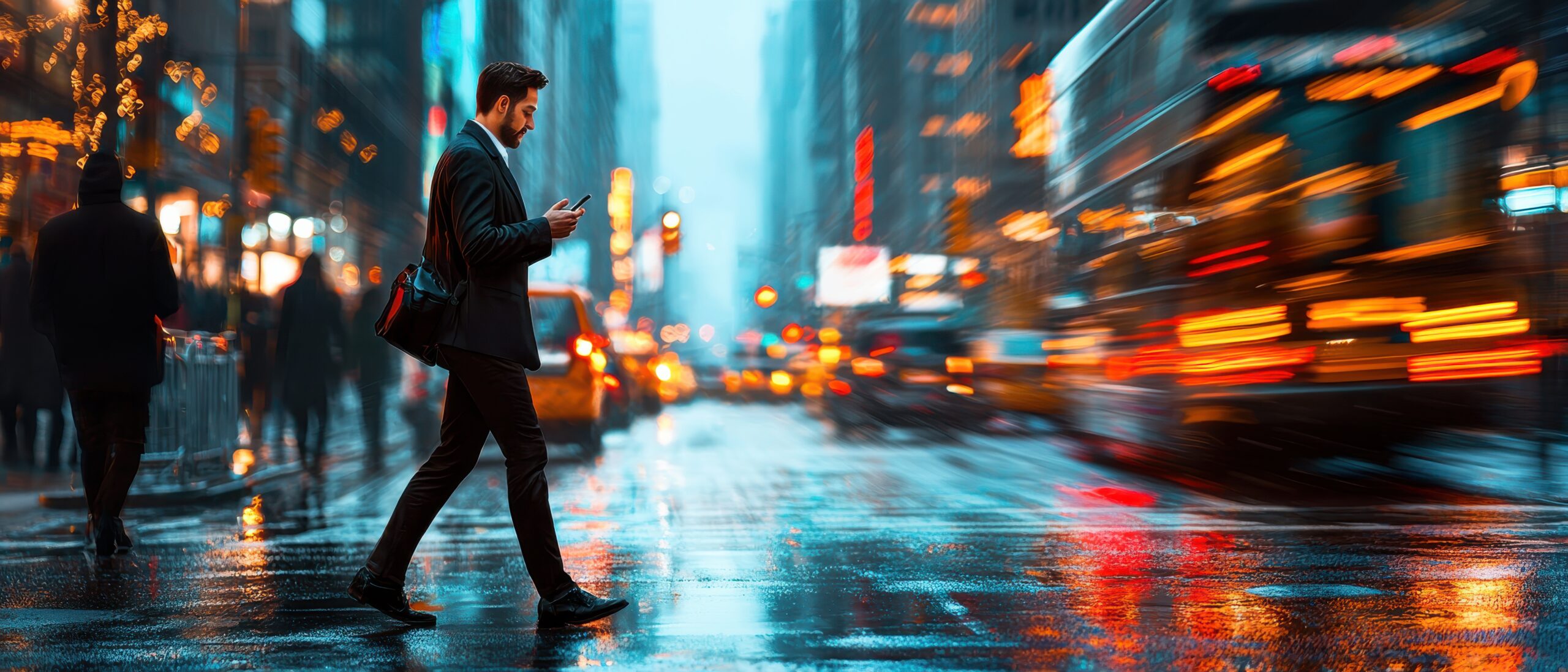 A man walking on a wet street while checking his phone in a busy city environment.