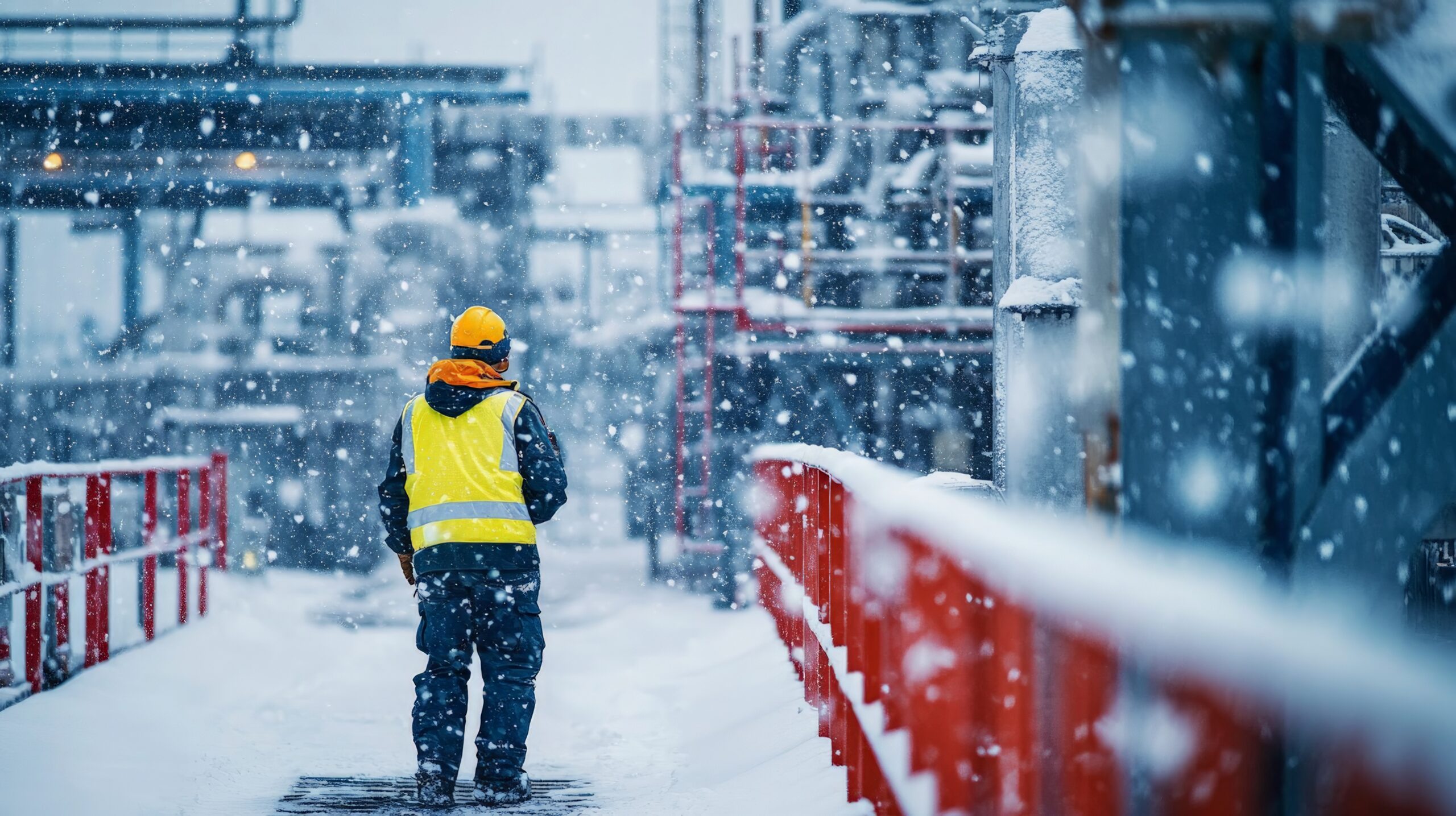 Worker in heavy snowfall at industrial site with safety gear