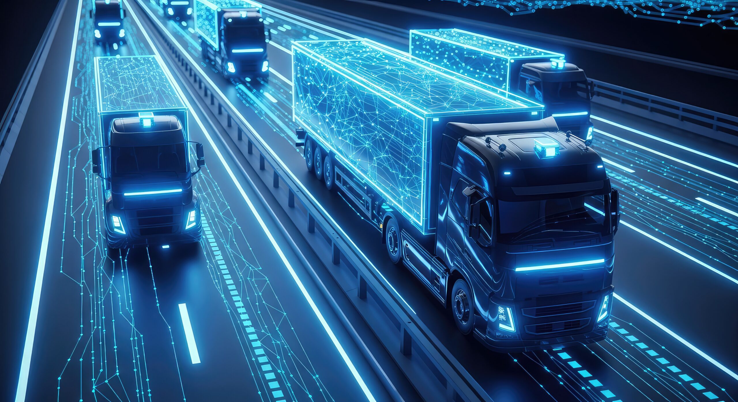 A fleet of autonomous semi trucks driving on a futuristic highway illuminated by blue neon data streams and digital networking connections, delivery, system, futuristic