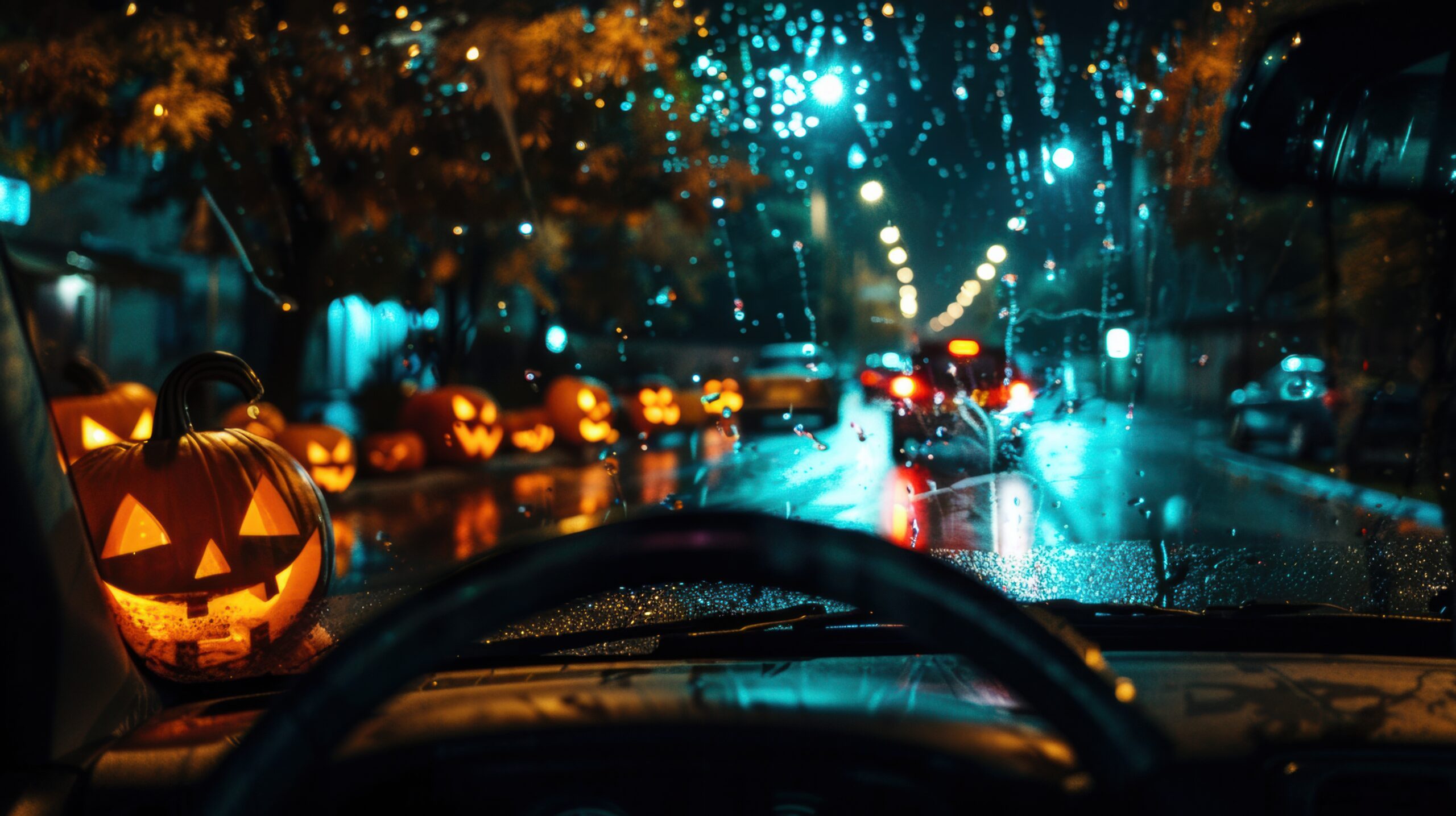 A car driving down a street at night with halloween pumpkins on the windshield, AI